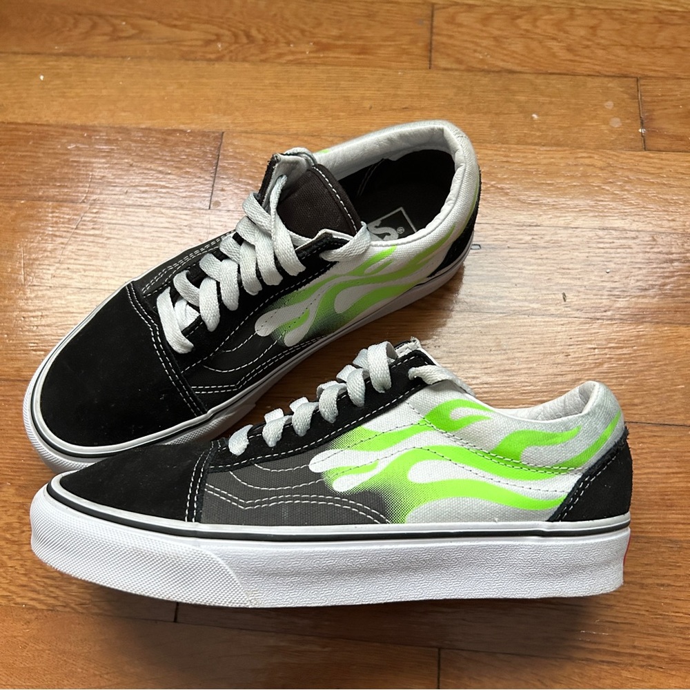 Womens Green Flamed Vans Old Skool Low Tops